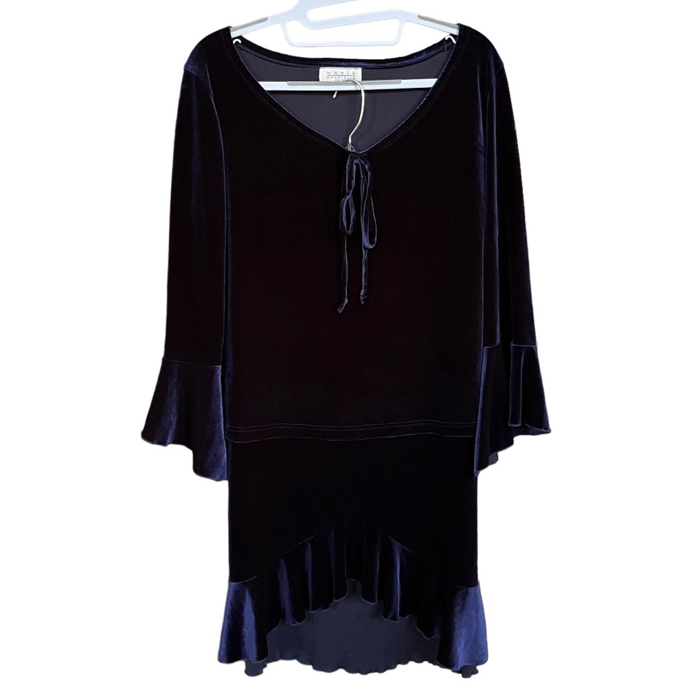 Vintage Maria Gabrielle Navy Blue Velvet 3/4 Sleeve Ruffle Hem Skirt Set Size M